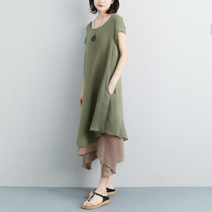 brief cotton gown plus size clothing False Two-piece Short Sleeve Green Plain Dress