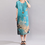 brief linen cotton dress Loose fitting Short Sleeve Flower Summer Retro Long Dress