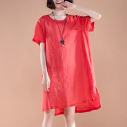brief linen dress casual High-low Hem Summer Short Sleeve Pockets slit Red Dress