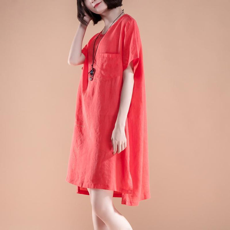kurzes Leinenkleid lässig High-Low Saum Sommer Kurzarm Taschen Schlitz Rotes Kleid