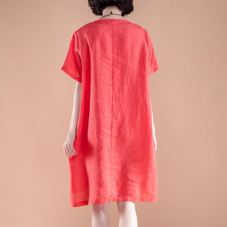 brief linen dress casual High-low Hem Summer Short Sleeve Pockets slit Red Dress