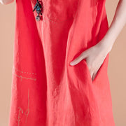 kurzes Leinenkleid lässig High-Low Saum Sommer Kurzarm Taschen Schlitz Rotes Kleid