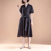 brief linen shift dress Loose fitting Short Sleeve Pleated Belt Summer Casual Black Dress