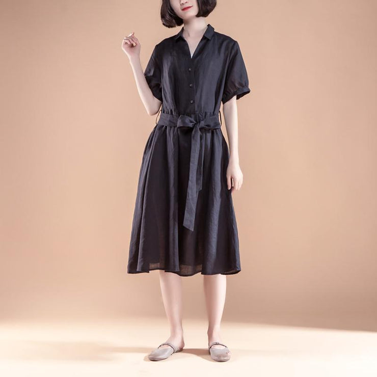 kurzes Etuikleid aus Leinen Locker sitzende Kurzarm-Faltengürtel Sommer-lässiges schwarzes Kleid