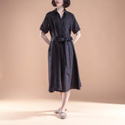 kurzes Etuikleid aus Leinen Locker sitzende Kurzarm-Faltengürtel Sommer-lässiges schwarzes Kleid