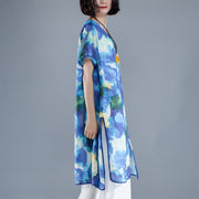 brief linen sundress trendy plus size Short Sleeve slit Summer Casual Printed Dress