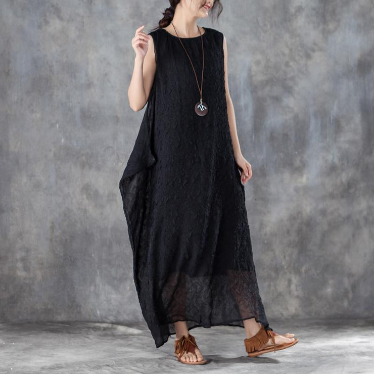brief long cotton dresses oversized Round Neck Sleeveless Summer Black Long Dress
