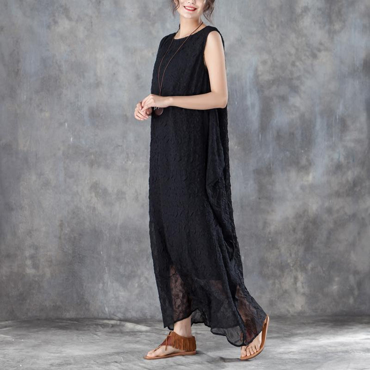 brief long cotton dresses oversized Round Neck Sleeveless Summer Black Long Dress