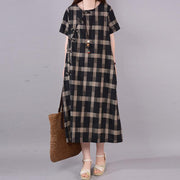 brief long cotton dresses plus size Lattice Round Neck Short Sleeve Black Cotton Dress