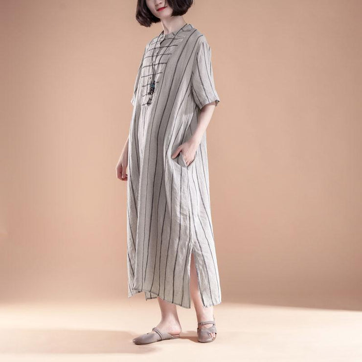 brief long linen dresses oversized Short Sleeve Slit Summer Round Neck Stripe Dress
