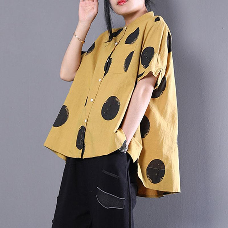 brief natural cotton t shirt plus size clothing Stand Collar Short Sleeve Loose Cotton Yellow Shirt
