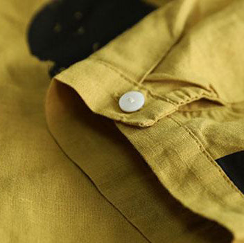 Kurzes T-Shirt aus natürlicher Baumwolle plus Größenkleidung Stehkragen Kurzarm Lose Gelbes Baumwollhemd