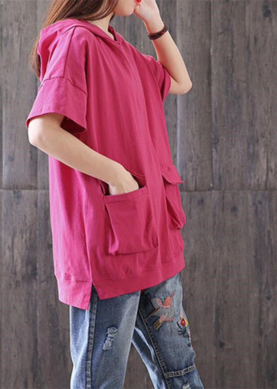 brief pure cotton blouse oversize Casual Hooded Short Sleeve Cotton Rose Red Tops