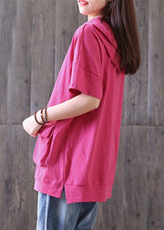 brief pure cotton blouse oversize Casual Hooded Short Sleeve Cotton Rose Red Tops