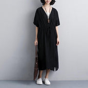 brief summer dress Loose fitting Loose Casual Short Sleeve Side Slit Black Lacing Dress
