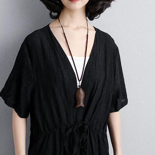 brief summer dress Loose fitting Loose Casual Short Sleeve Side Slit Black Lacing Dress