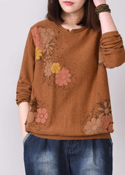 brown prints knit jacket oversized autumn knitwear o neck - SooLinen