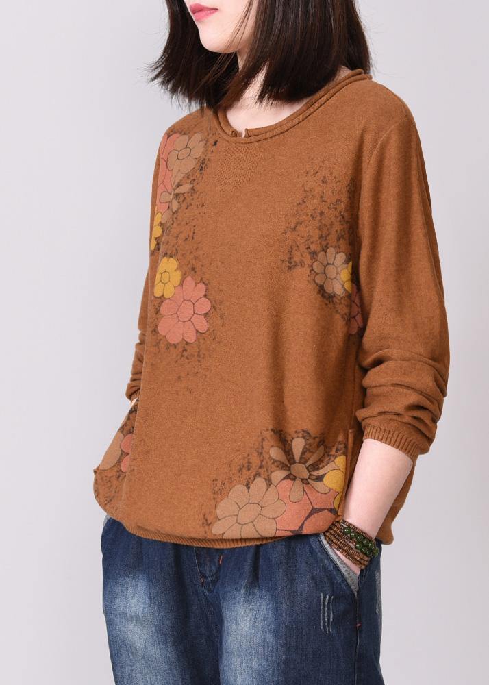 brown prints knit jacket oversized autumn knitwear o neck - SooLinen