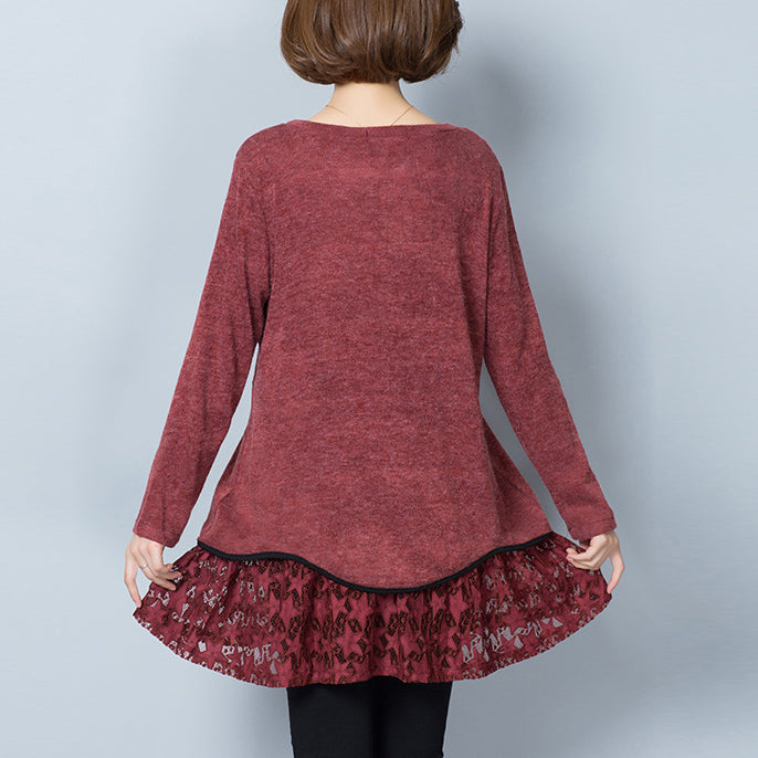 burgundy false two pieces knit pullover dresses plus size o neck mid dress