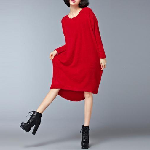 Burgunder niedrige hohe Baumwollstrickkleider plus Größenfrauen-Pulloverkleid
