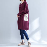 burgundy pockets prints cotton casual dress plus size o neck baggy dress