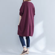 burgundy pockets prints cotton casual dress plus size o neck baggy dress
