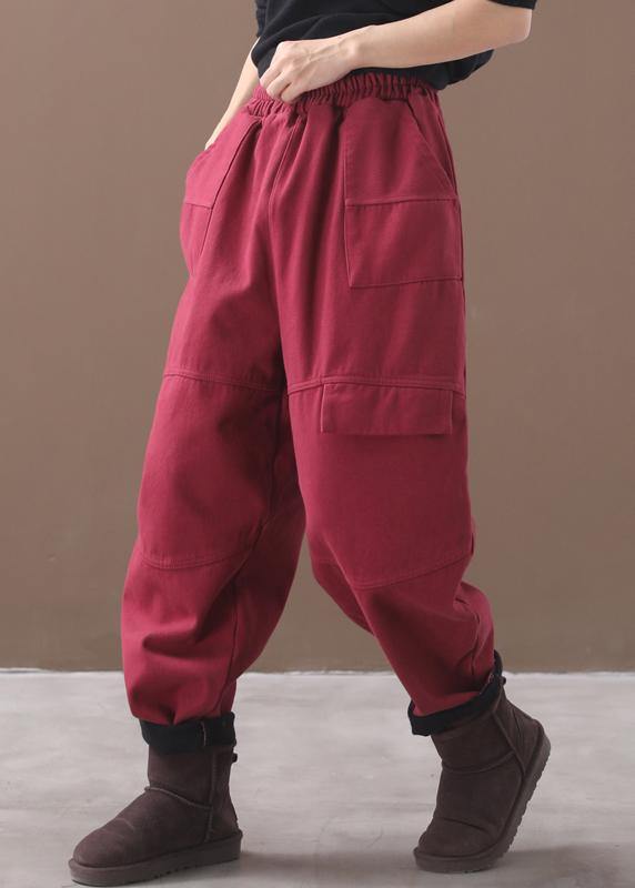 burgundy women elastic waist cotton trousers plus size false pockets harem pants - SooLinen