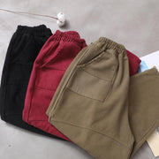burgundy women elastic waist cotton trousers plus size false pockets harem pants - SooLinen