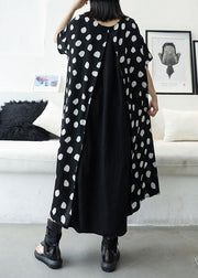casual black dotted o neck patchwork chiffon long summer dress - SooLinen
