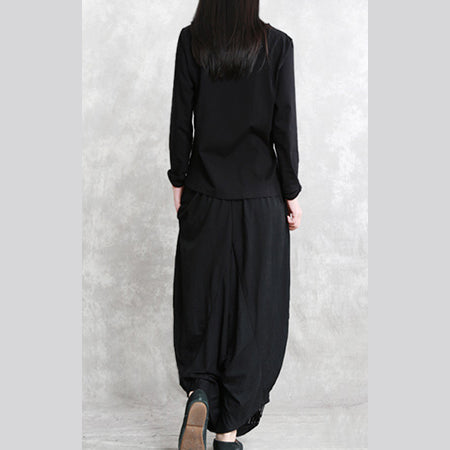 casual black striped cotton blended wide leg pants elastic waist stylish casual pants