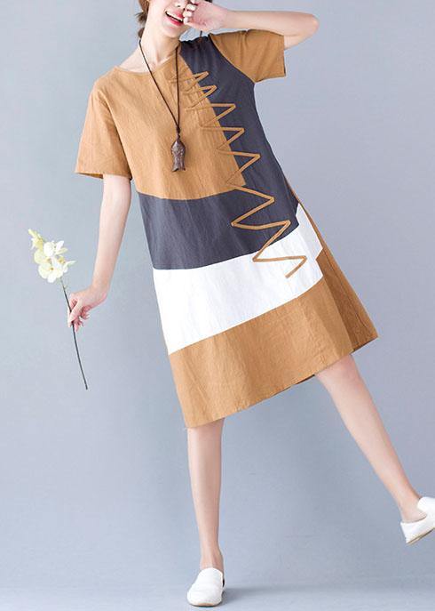 casual cotton linen o neck khaki short sleeve dresses summer - SooLinen