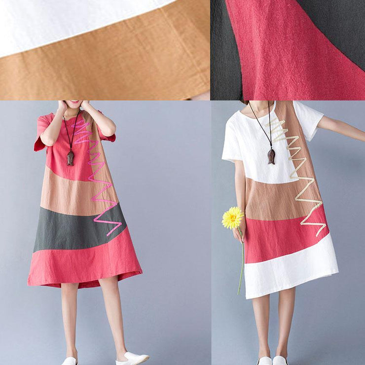casual cotton linen o neck khaki short sleeve dresses summer - SooLinen