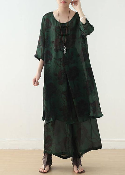 casual silk green prints Chinese Button dresses with elastic waist wide leg pants - SooLinen