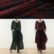 casual silk green prints Chinese Button dresses with elastic waist wide leg pants - SooLinen