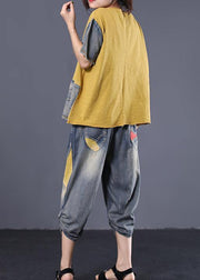 casual women cotton yellow two pieces loose patchwork tops and elastic waist pants - SooLinen