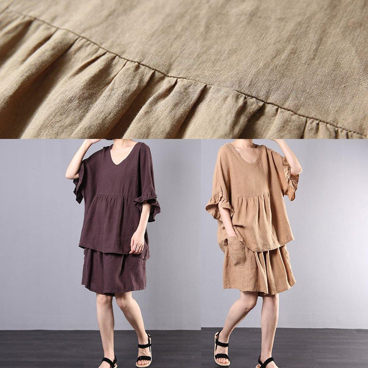 chocolate cotton linen v neck ruffles tops and women casual shorts two pieces - SooLinen