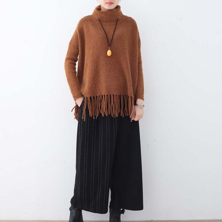 chunky brown knit tops plussize high neck knitted blouses women tassel fall blouse