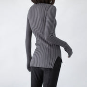 klobige dunkelgraue Strickoberteile plus Größe Pullover mit hohem Kragen Vintage seitlich offene Winterpullover