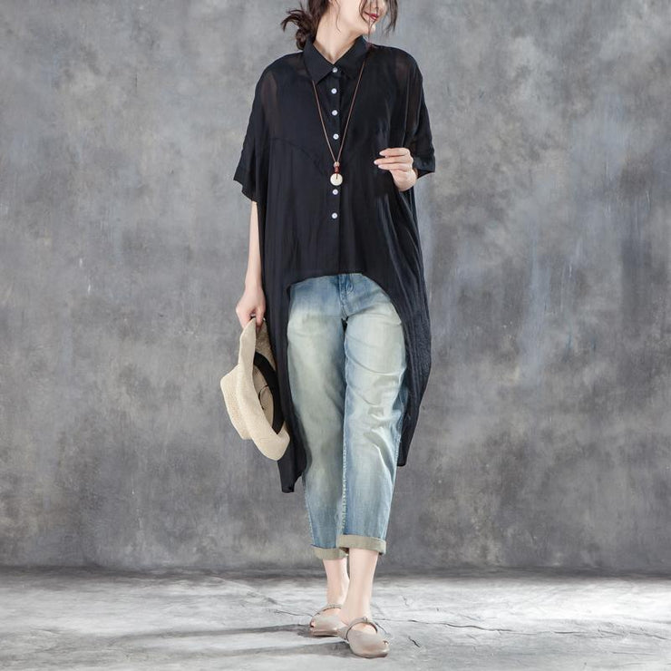 cotton,polyester Elegant summer t shirt oversized Single Breasted Short Sleeve Loose Irregular Black Blouse