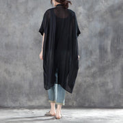 cotton,polyester Elegant summer t shirt oversized Single Breasted Short Sleeve Loose Irregular Black Blouse