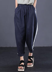 dark blue casual cotton elastic waist white striped patchwork pants - SooLinen