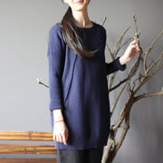 dark blue new cotton sweater tops vintage  fit mid long knit pullover