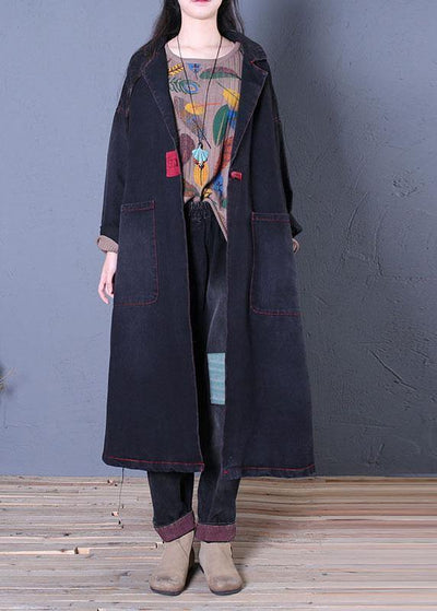 denim black coats trendy plus size fall maxi outwear - SooLinen