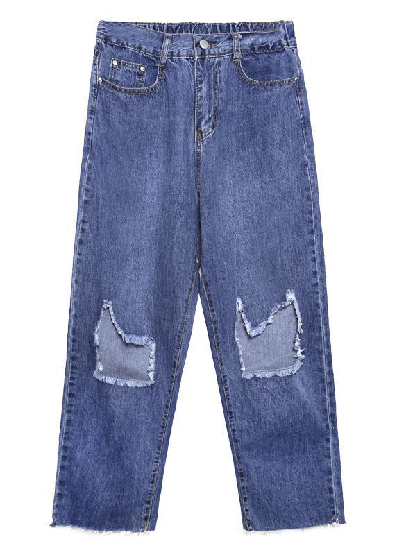 denim blue 2019 new high waist straight pants elastic waist ripped Jeans - SooLinen