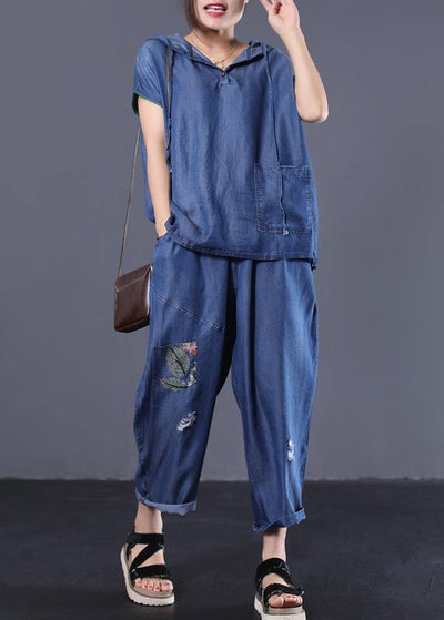 denim blue vintage cotton two pieces hooded short sleeve tops and patchwork pants - SooLinen