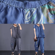 denim blue vintage cotton two pieces hooded short sleeve tops and patchwork pants - SooLinen