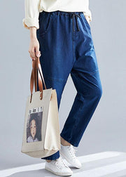 denim blue vintage women pants elastic waist patchwork trousers - SooLinen