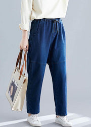 denim blue vintage women pants elastic waist patchwork trousers - SooLinen