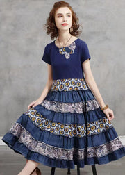 Women Blue O-Neck Patchwork Cotton Vacation Pleated Dresses Short Sleeve