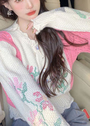 diy Beige Embroidered Hollow Out Button Fall Sweater